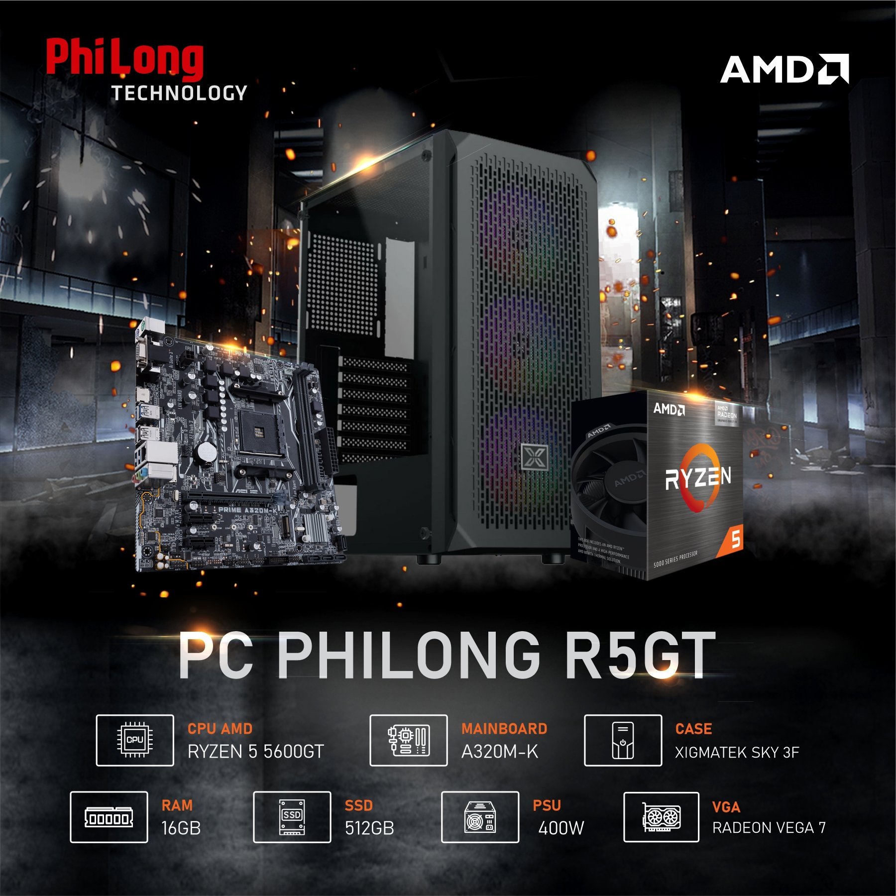 PC PHILONG GAMING R5GT (R5 5600GT, A320M, RAM 16GB, SSD 512GB, PSU 400W)