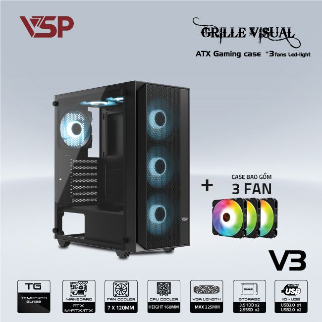 VỎ CASE VSP GAMING V3 BLACK (ATX, 1 MẶT CƯỜNG LỰC, SẴN 3 FAN RGB, MAX 7 FAN)