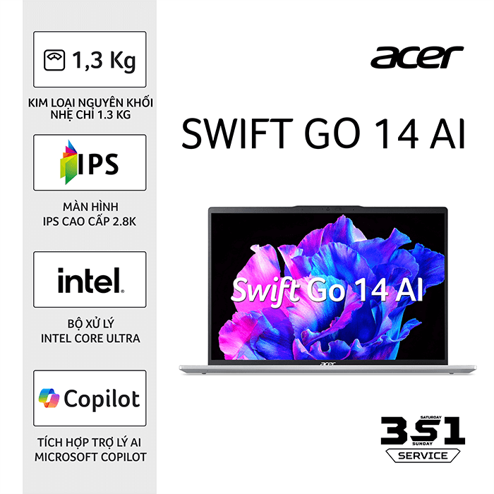 Laptop Acer Swift Go AI 2024 Gen 2 SFG14-73-53X7 (Intel Core Ultra 5-125H, RAM 16GB, SSD 512GB, Intel ARC Graphics, Màn Hình 14inch 2.8K 100% sRGB, Windows 11)