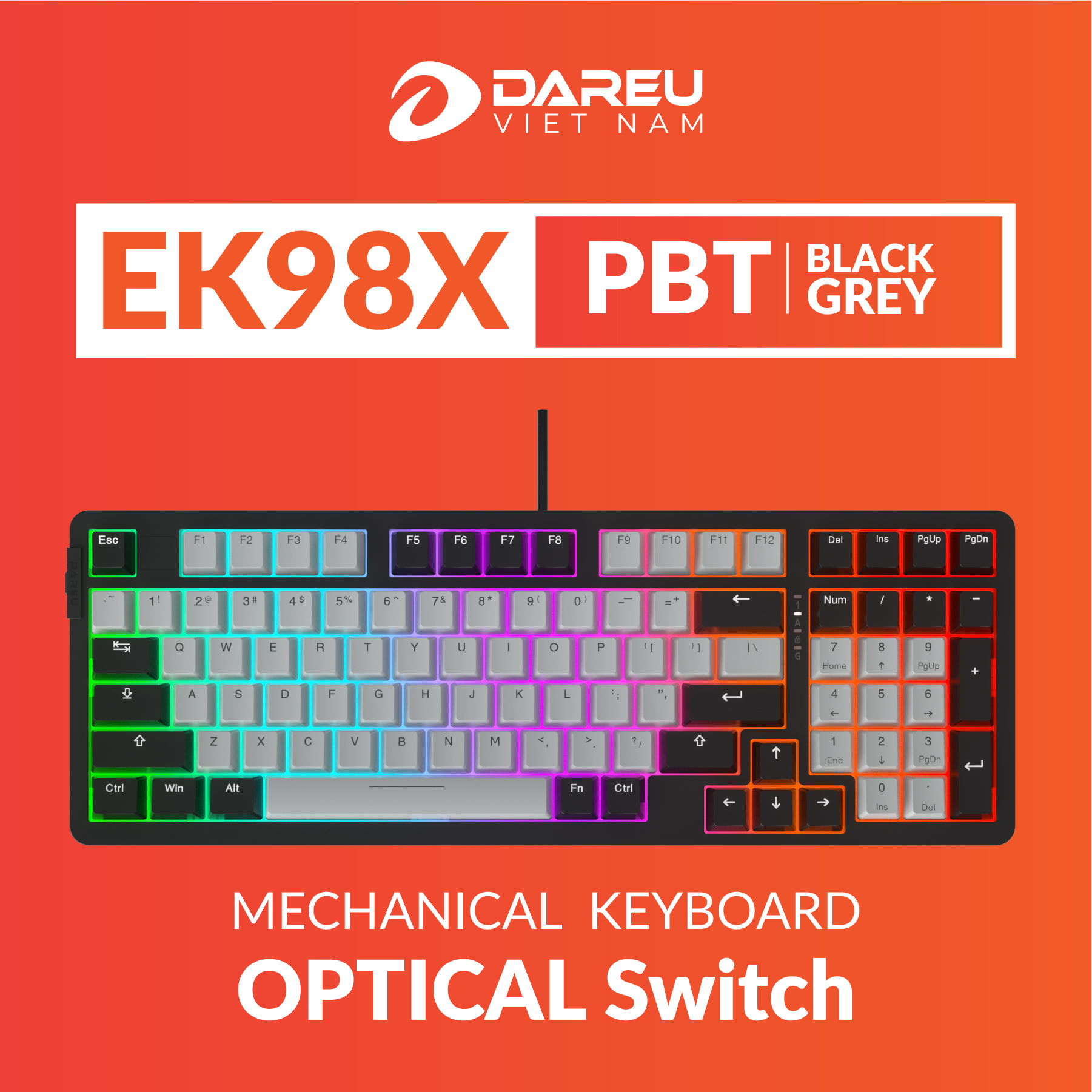 Bàn phím quang cơ DareU EK98X PBT Black-Grey Optical Switch (98 phím, PBT Keycap, Multi-LED, Chống nước)