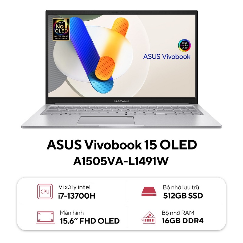 Laptop ASUS VivoBook 15 OLED A1505VA-L1491W (Intel Core i7-13700H, RAM 16GB, SSD 512GB, Intel Iris Xe Graphics, Màn Hình 15.6inch FHD OLED, Windows 11)