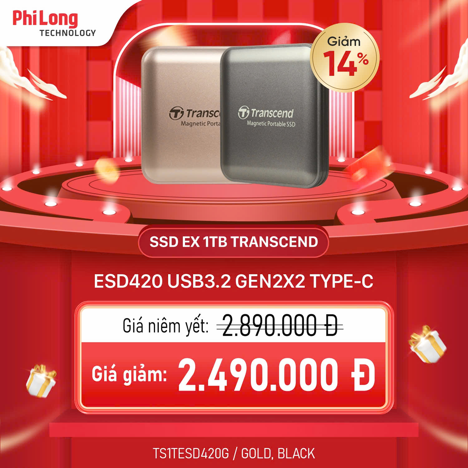 Ổ Cứng Di Động SSD Transcend ESD420 1TB USB 3.2 Gen 2x2 Type-C MagSafe - Iron Gray (TS1TESD420C)