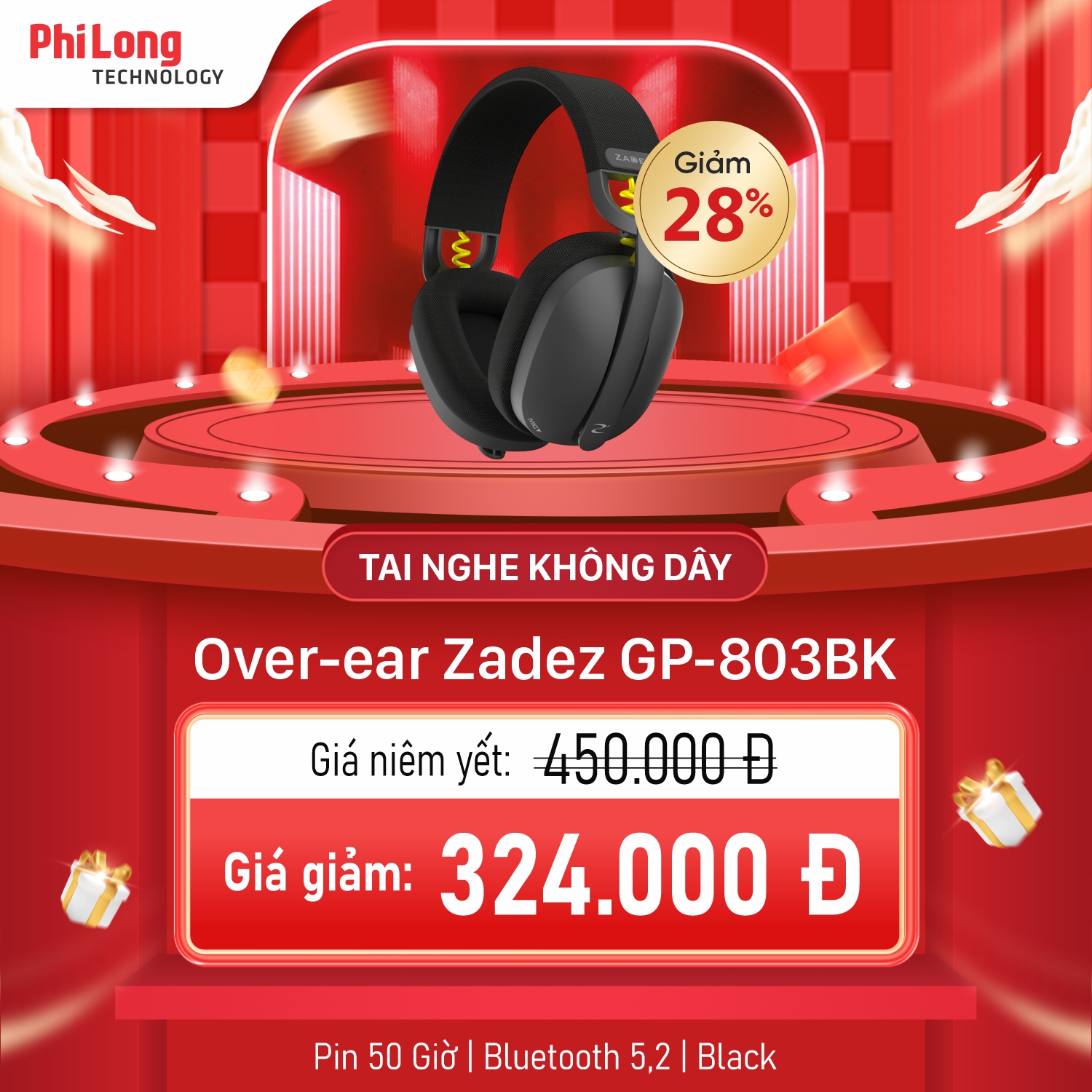 Tai Nghe Không Dây Over-ear ZADEZ GP-803B Black (Bluetooth 5.2, Pin 50 giờ, Mic ENC, Gấp gọn)