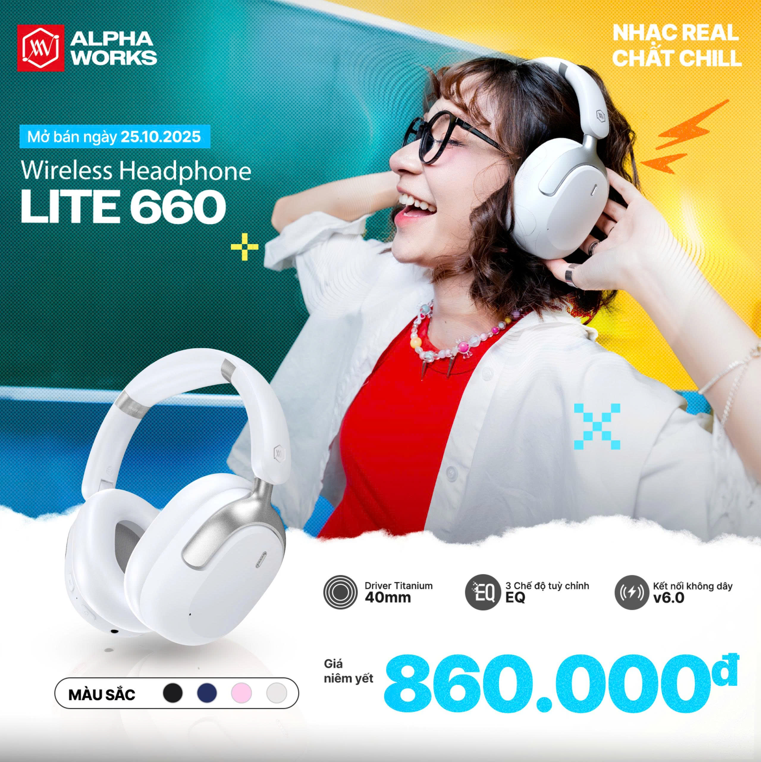 Tai Nghe Không Dây Alpha Works LITE 660 White (Bluetooth 6.0, Pin 50h, Hỗ Trợ Cổng AUX)