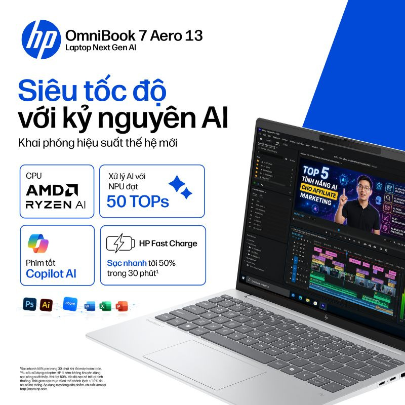Laptop HP OmniBook 7 Aero 13-bg1087AU BZ7S1PA (AMD Ryzen AI 5 340, RAM 16GB, SSD 512GB,  AMD Radeon 840M, Màn Hình 13.3 inch WUXGA, Windows 11, Office, Màu Bạc)